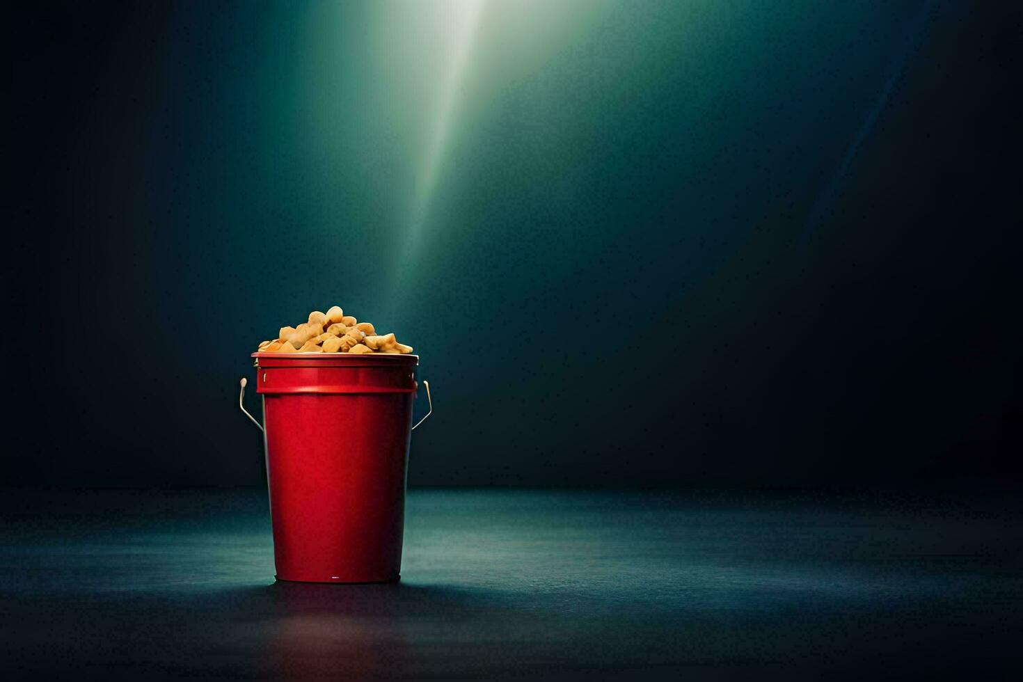 a bucket of popcorn on a dark floor. AI-Generated photo
