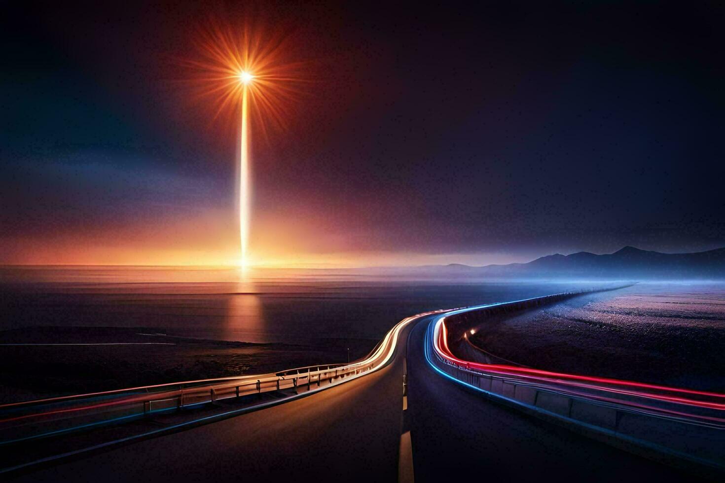 un largo la carretera con un brillante ligero brillante en el cielo. generado por ai foto