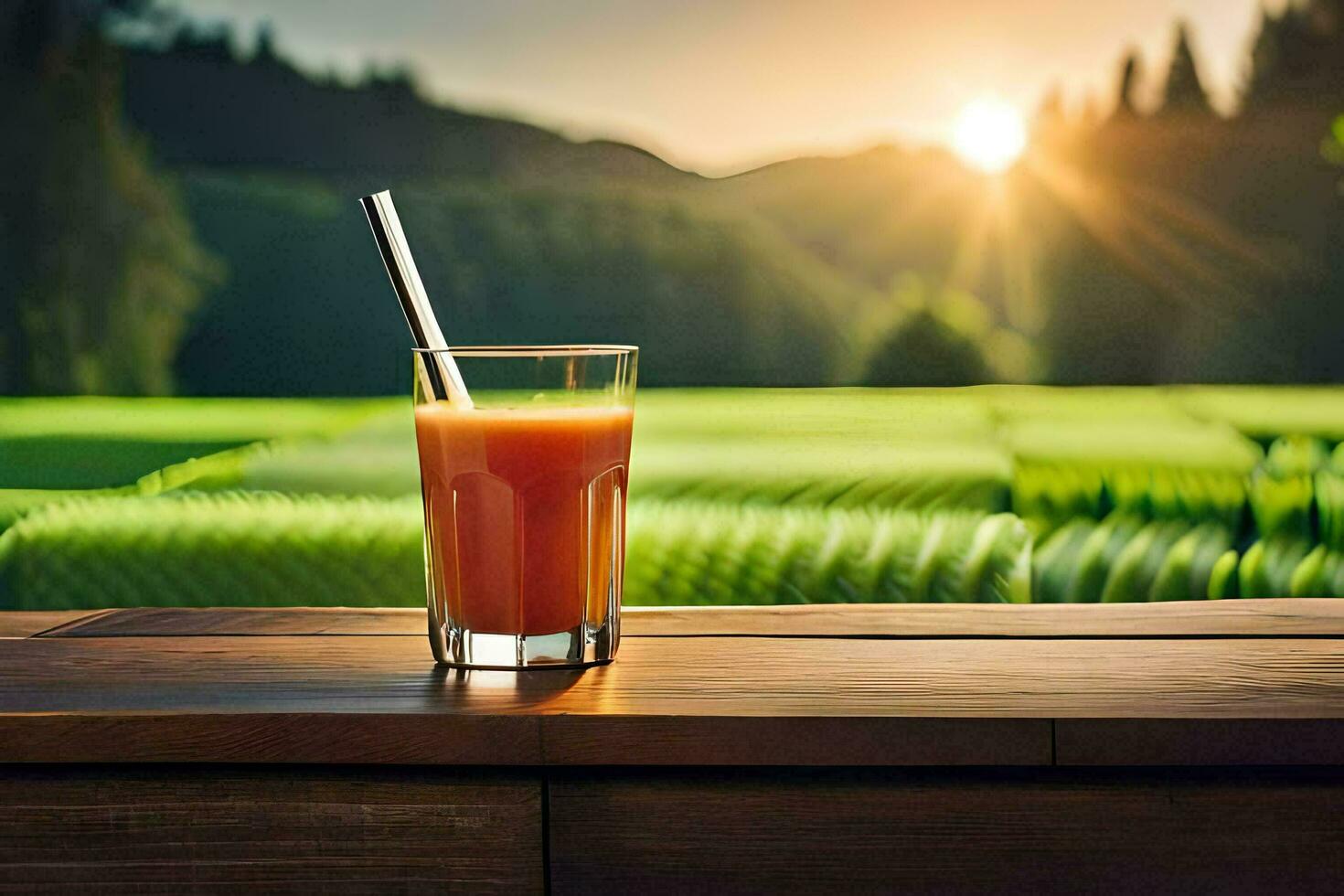a glass of juice on a table in front of a green field. AI-Generated photo
