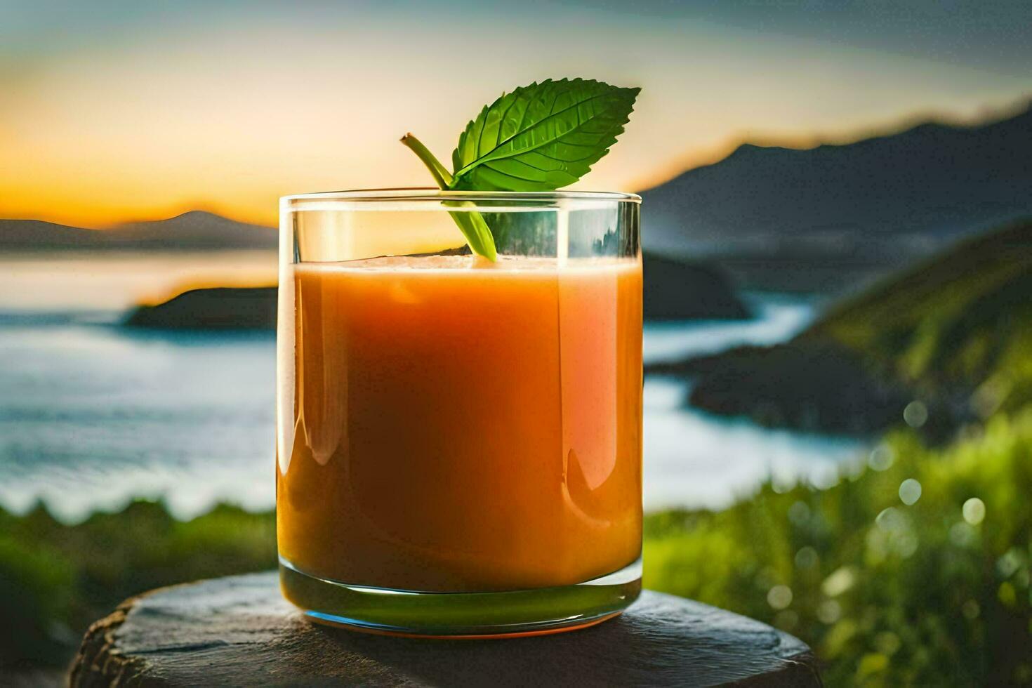 a glass of orange juice with a leaf on top. AI-Generated photo