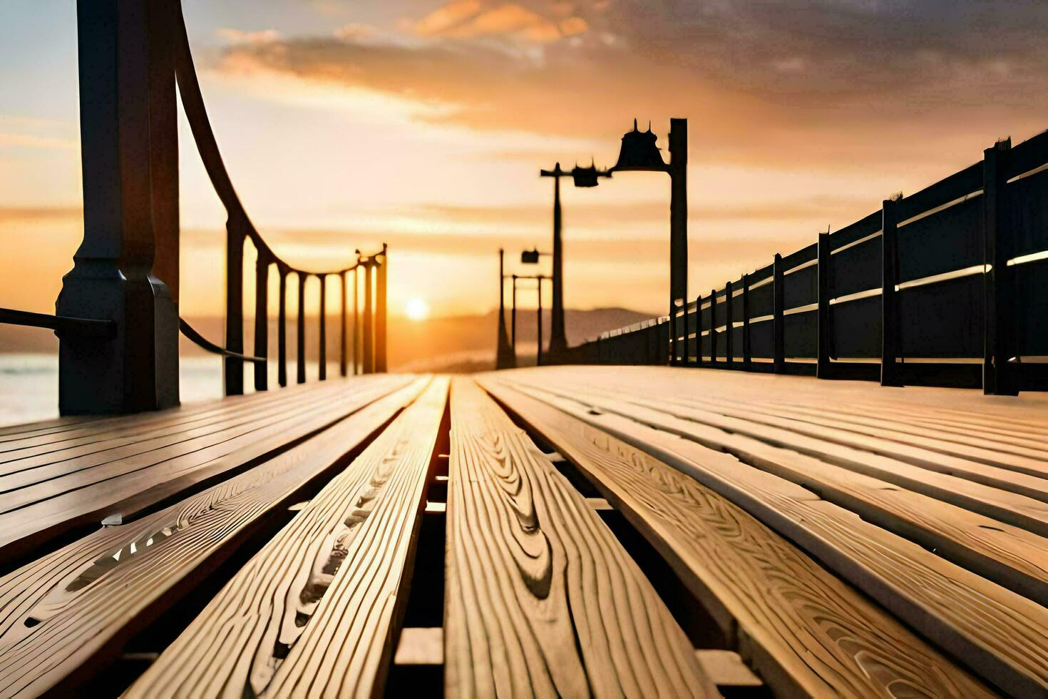 a wooden boardwalk with a sunset in the background. AI-Generated photo