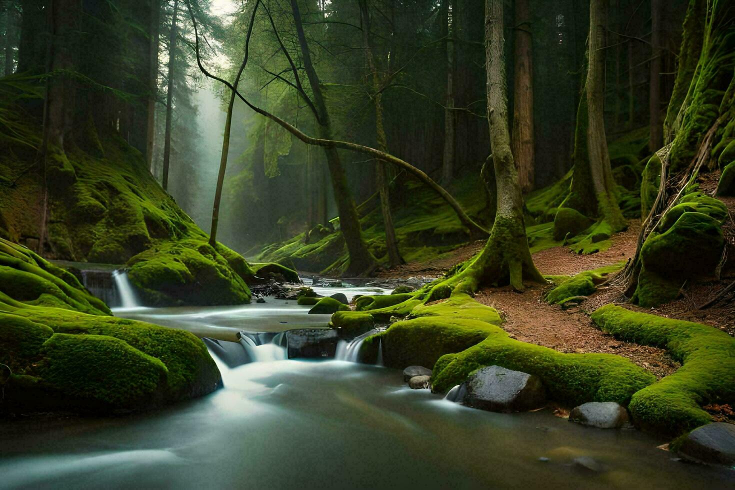 un corriente carreras mediante un bosque con cubierto de musgo rocas generado por ai foto