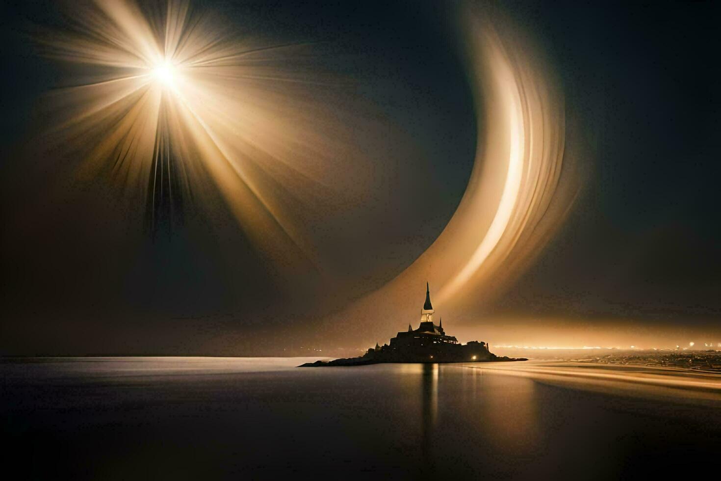 a lighthouse and a star in the sky. AI-Generated photo