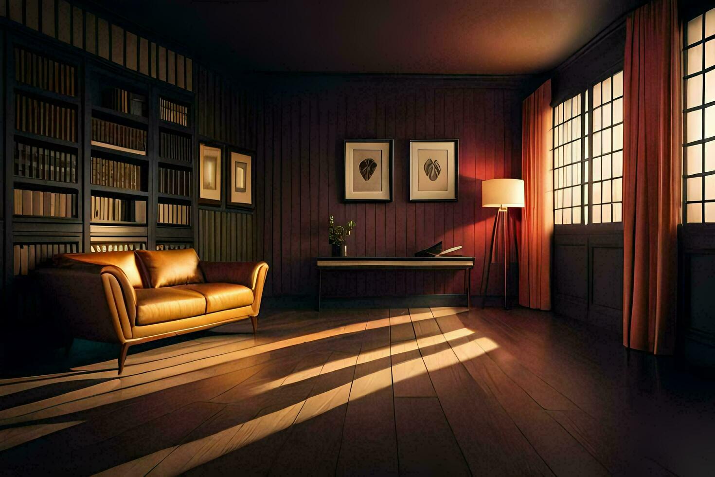 a room with a leather couch and bookshelves. AI-Generated photo