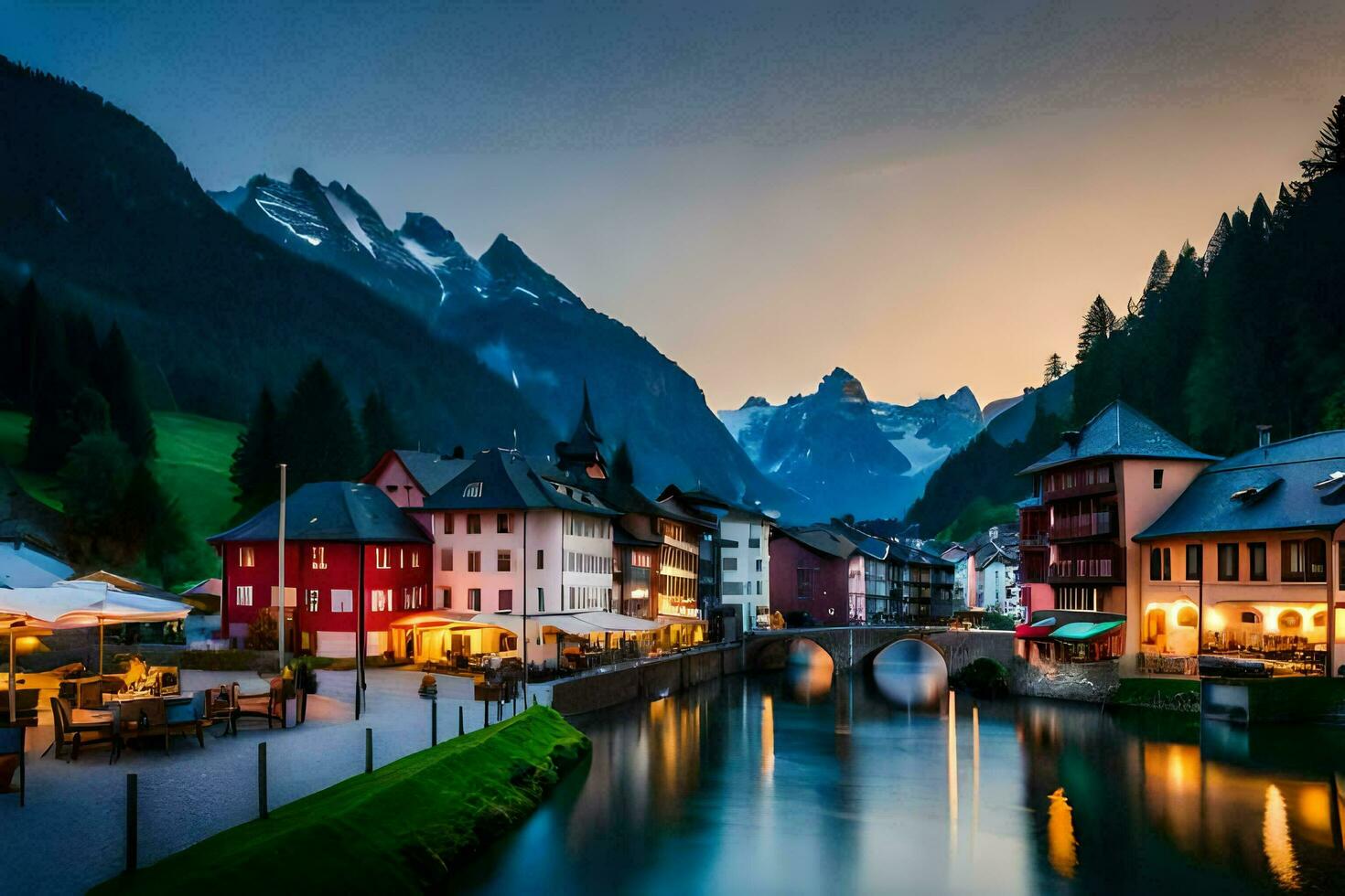 a river runs through a town at dusk. AI-Generated photo