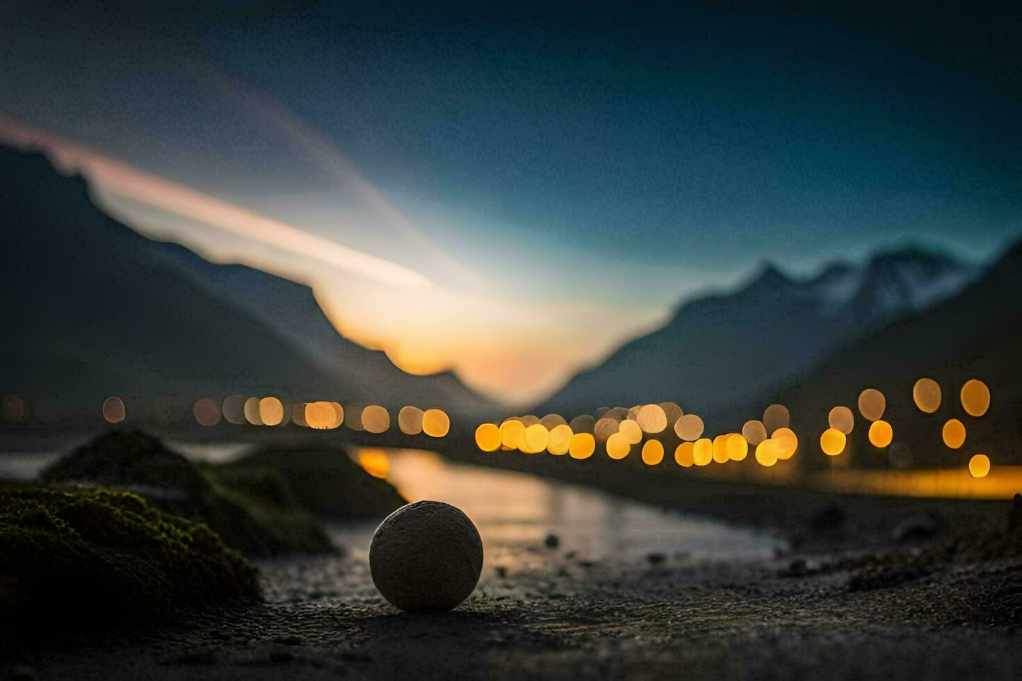 a stone sits on the ground in front of a river. AI-Generated photo