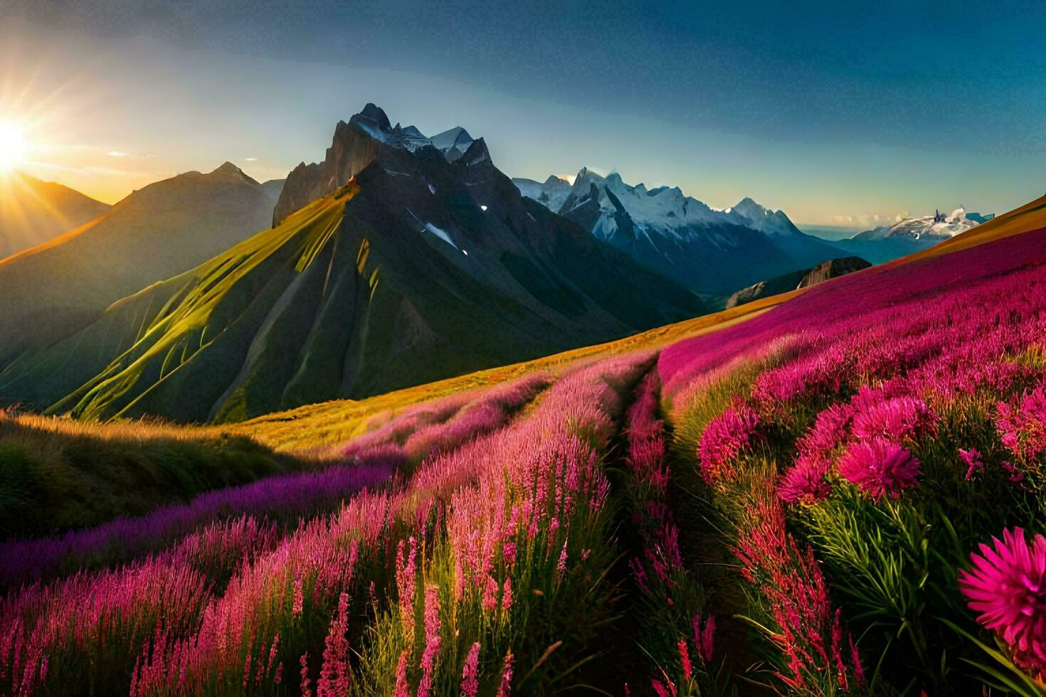 the sun shines over a field of purple flowers. AI-Generated photo