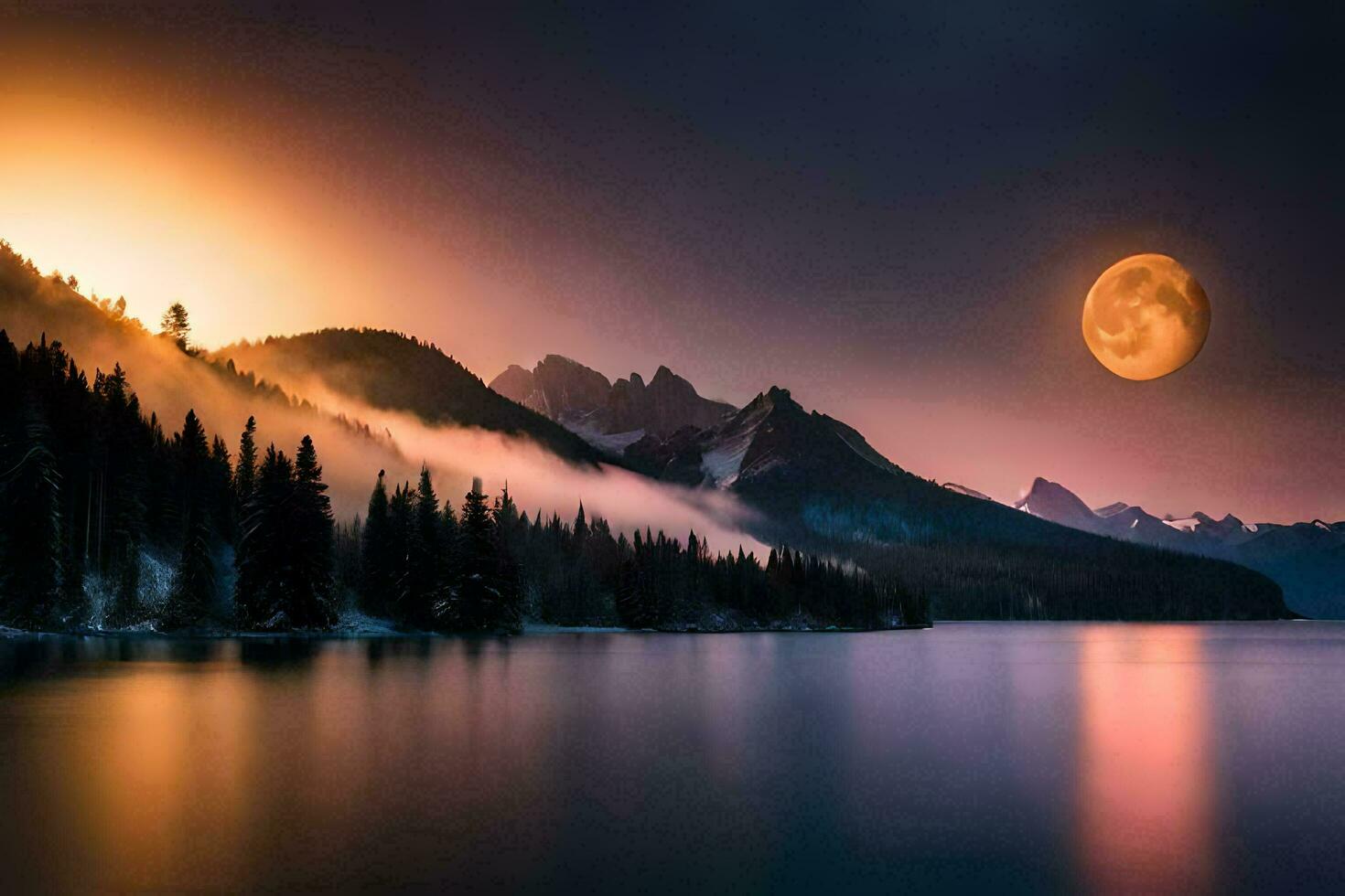 the moon rises over a lake and mountains. AI-Generated photo