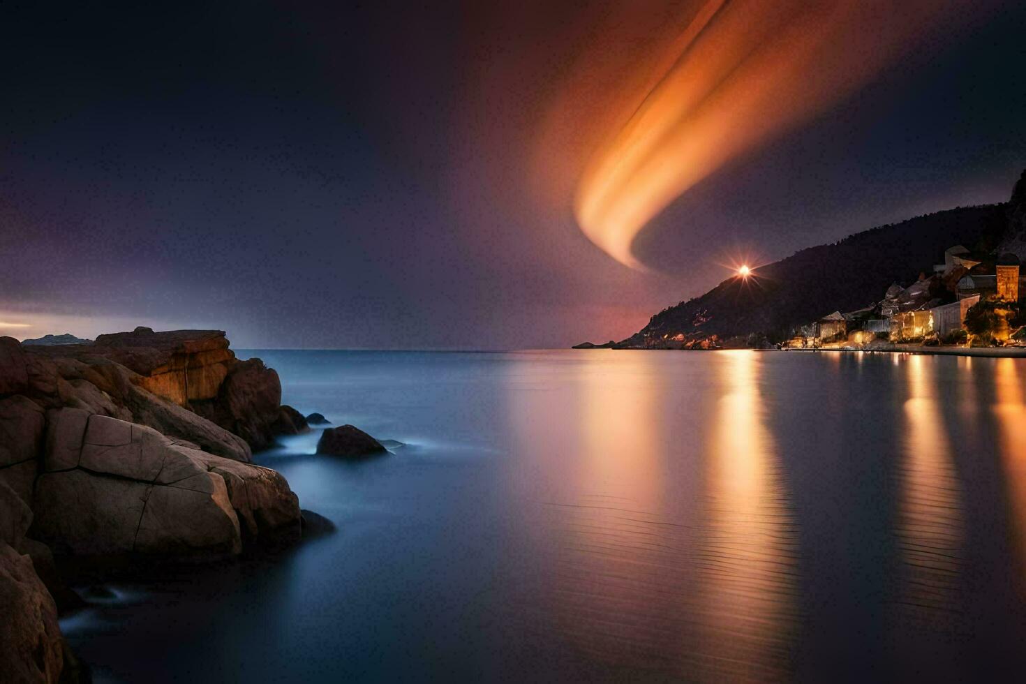 a long exposure photograph of a lighthouse and a city at night. AI-Generated photo