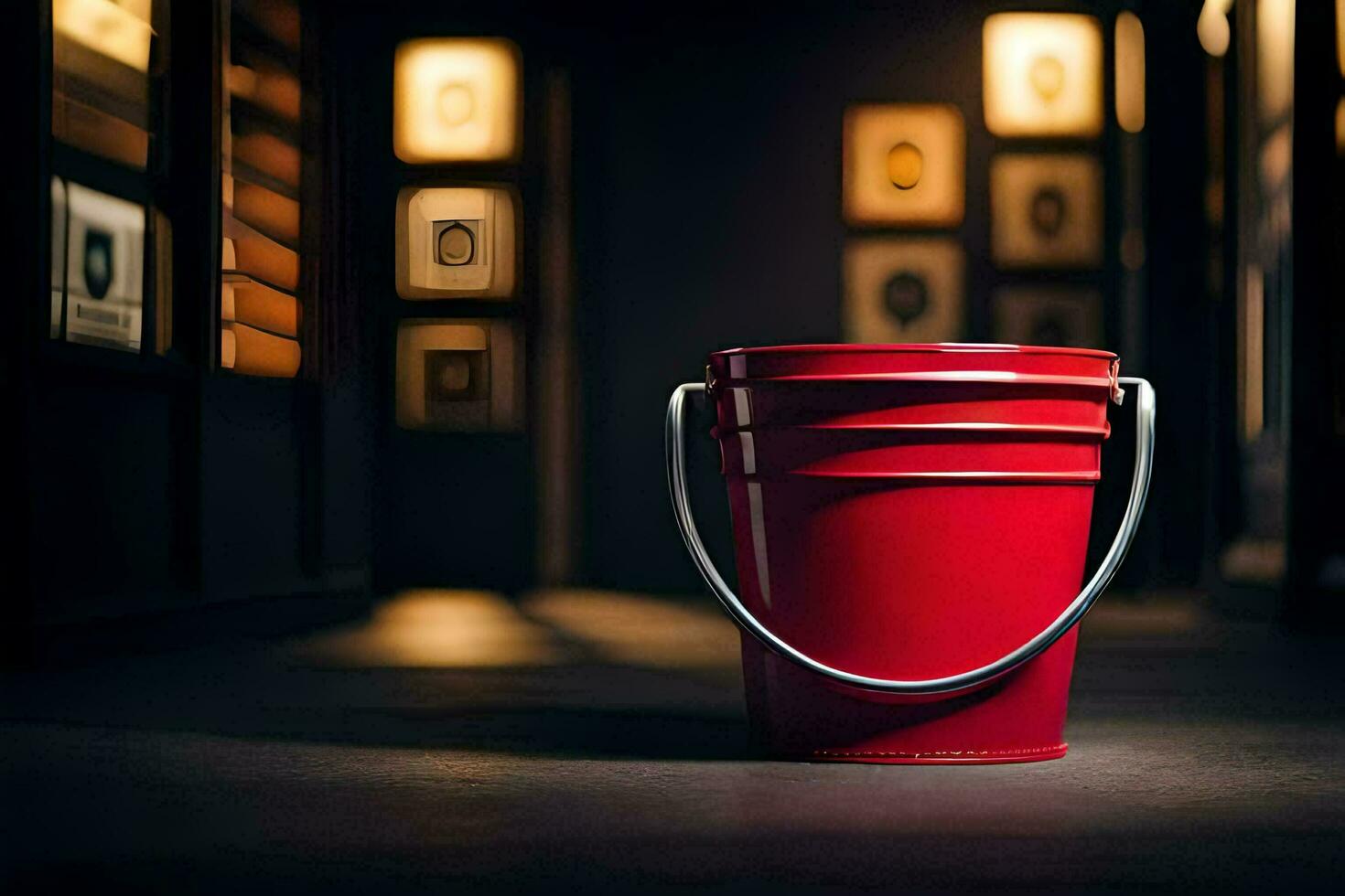a red bucket sitting in a dark room. AI-Generated photo