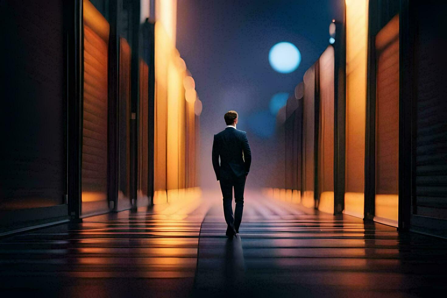 a man in a suit walks through an empty hallway. AI-Generated photo