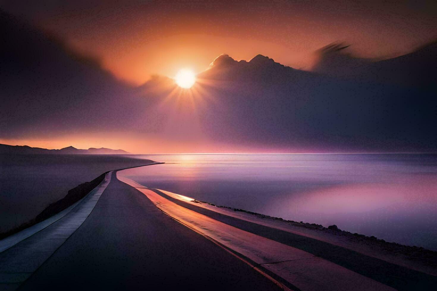 a long road with the sun setting over the water. AI-Generated photo