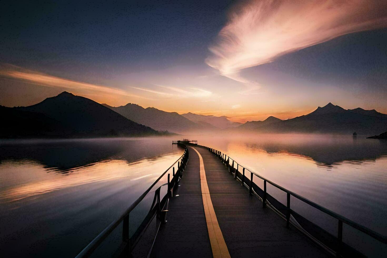 a pier with a lake and mountains in the background. AI-Generated photo