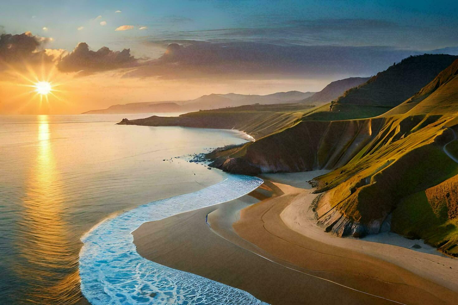 the sun sets over a beach and hills. AI-Generated photo