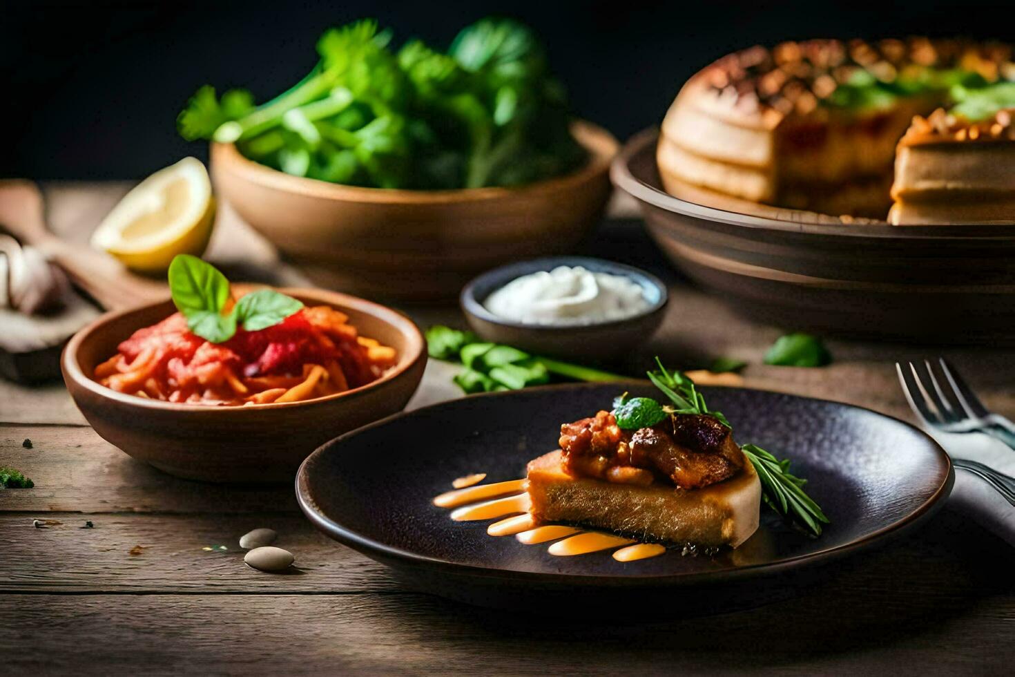 a plate of food with a cake on it. AI-Generated photo