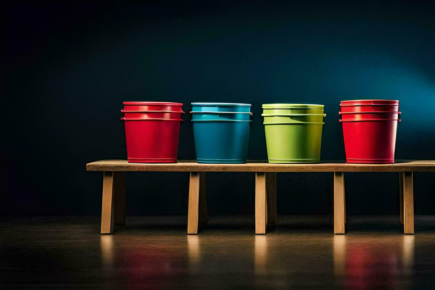 colorful buckets on a wooden bench. AI-Generated photo