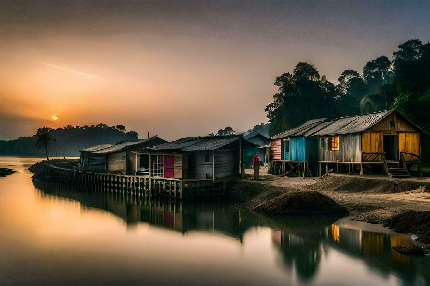 a small village sits on the shore of a river. AI-Generated photo