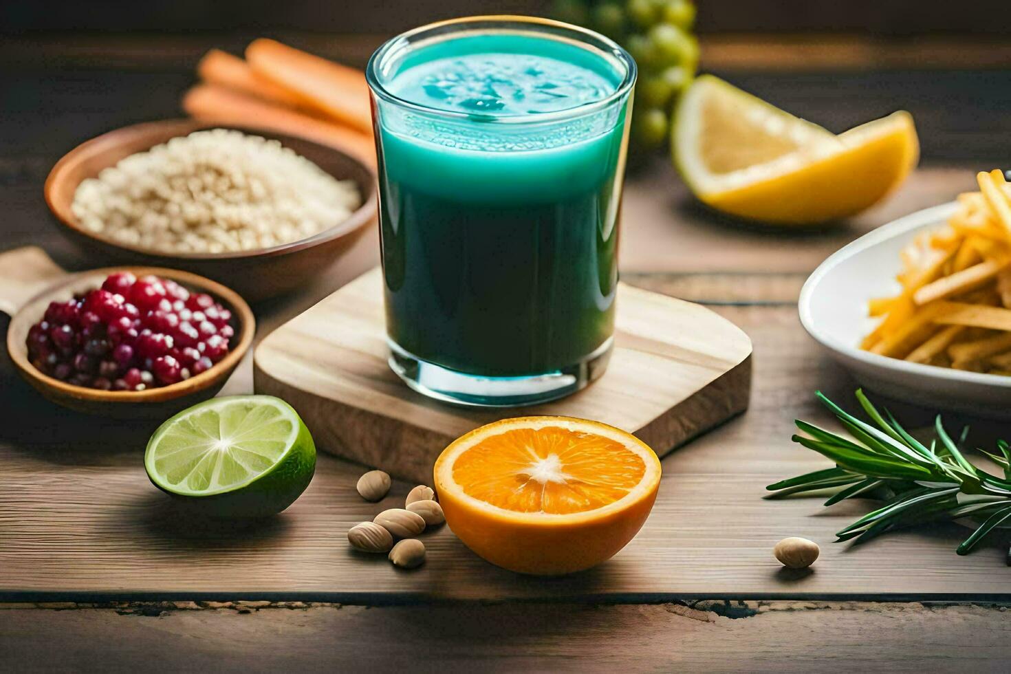 a glass of green juice with fruits and vegetables. AI-Generated photo