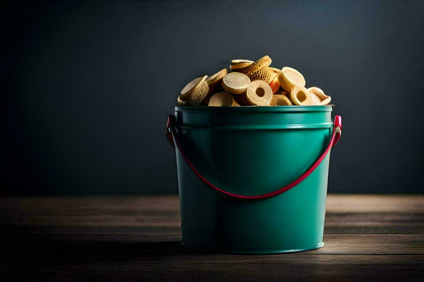 a bucket filled with cookies on a wooden table. AI-Generated photo