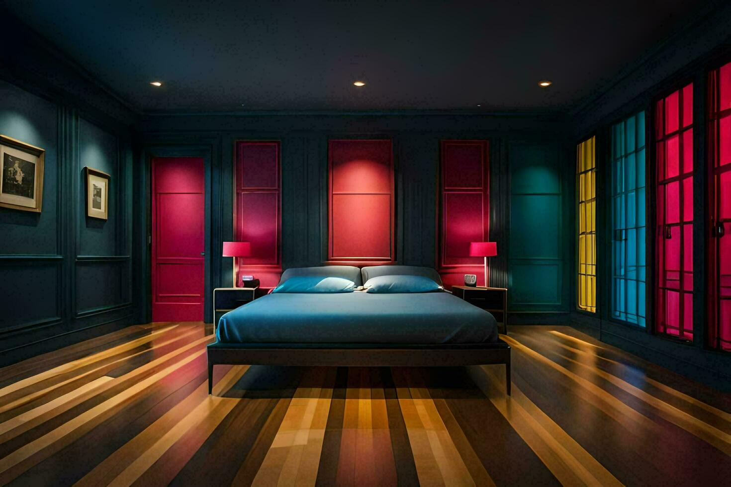 un dormitorio con vistoso paredes y de madera pisos generado por ai foto