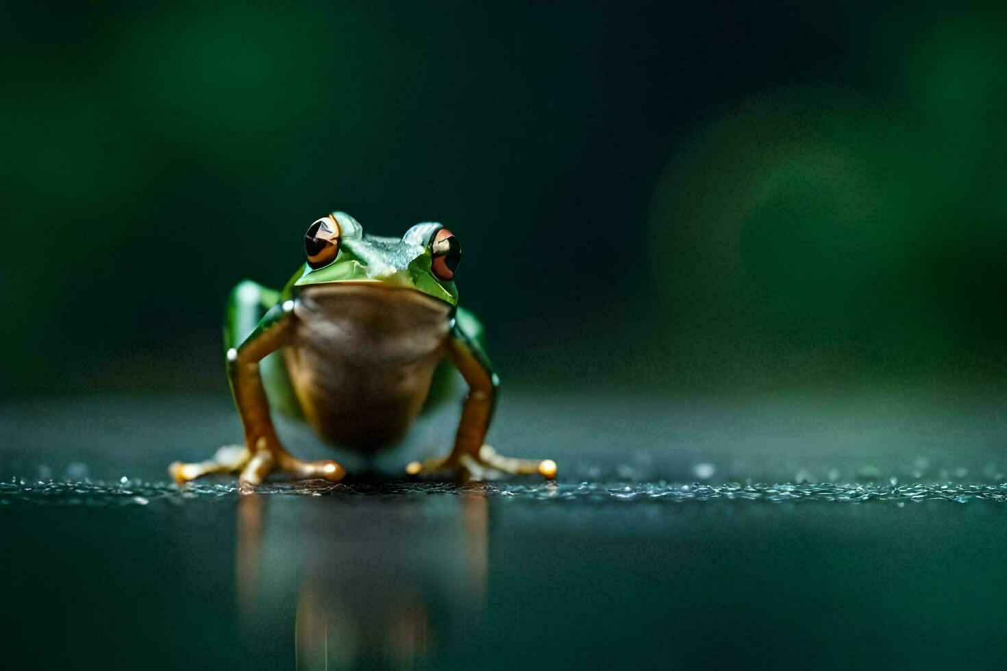 a frog sitting on the ground with a green background. AI-Generated photo