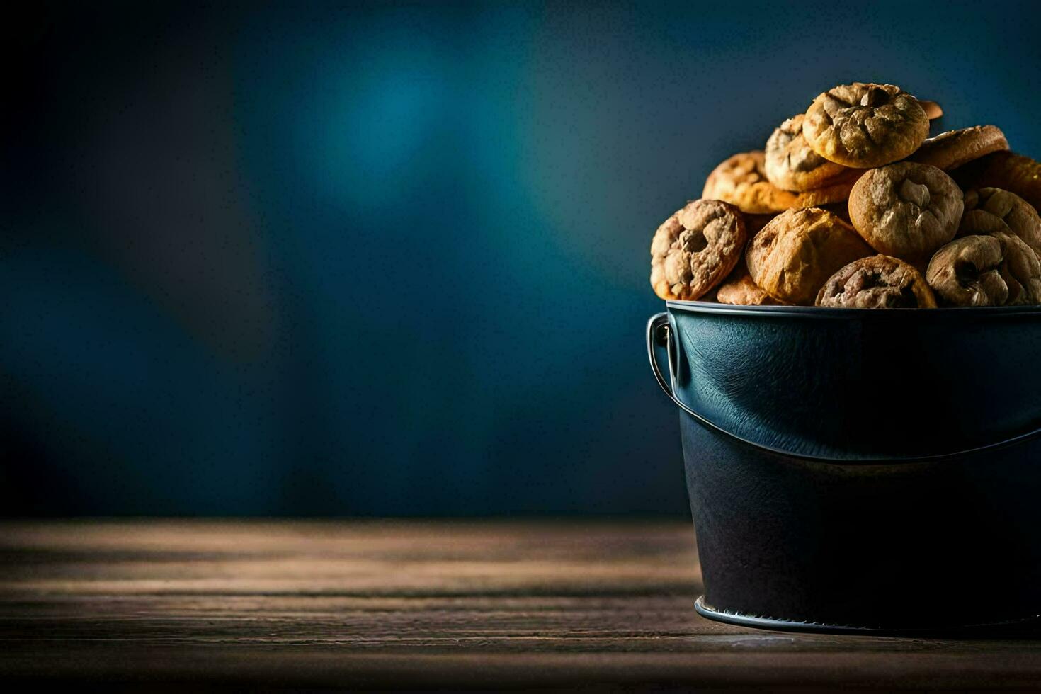 a bucket filled with cookies on a wooden table. AI-Generated photo