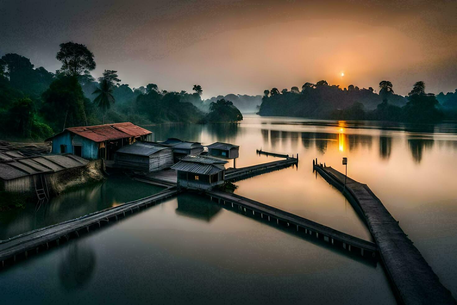 a boat dock in the middle of a lake at sunrise. AI-Generated photo