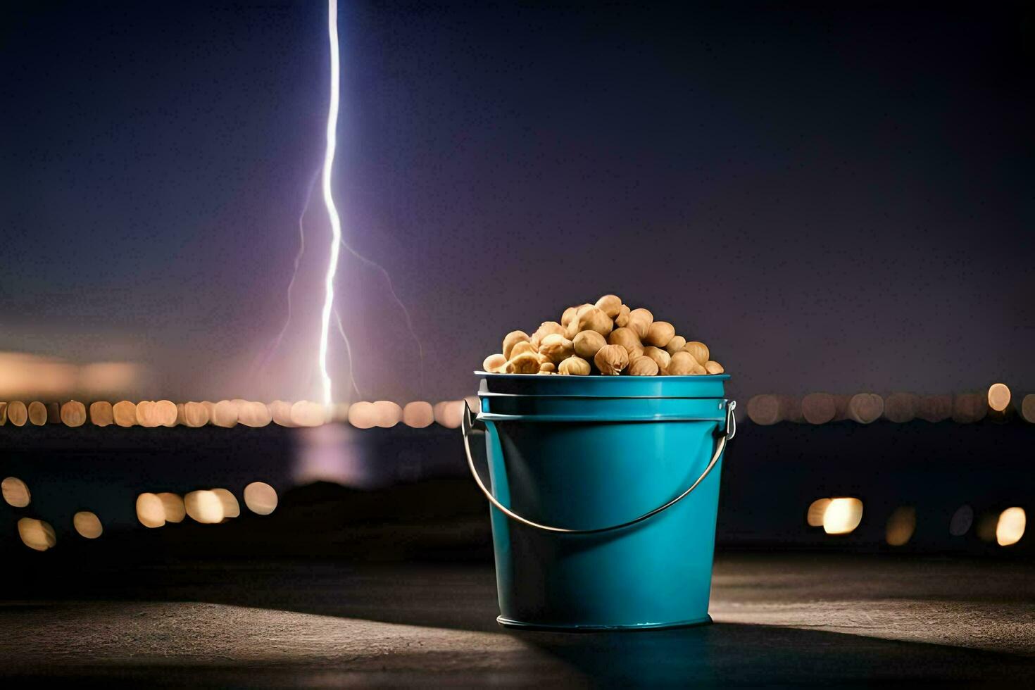 a bucket of peanuts in front of a lightning bolt. AI-Generated photo