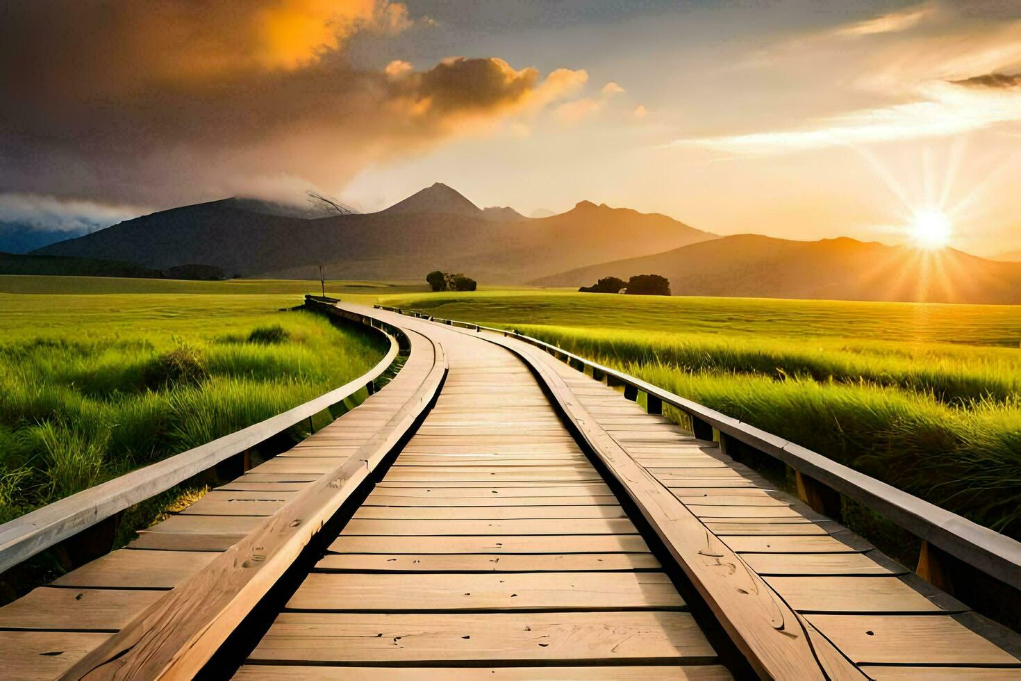 a wooden walkway leads to a mountain at sunset. AI-Generated photo
