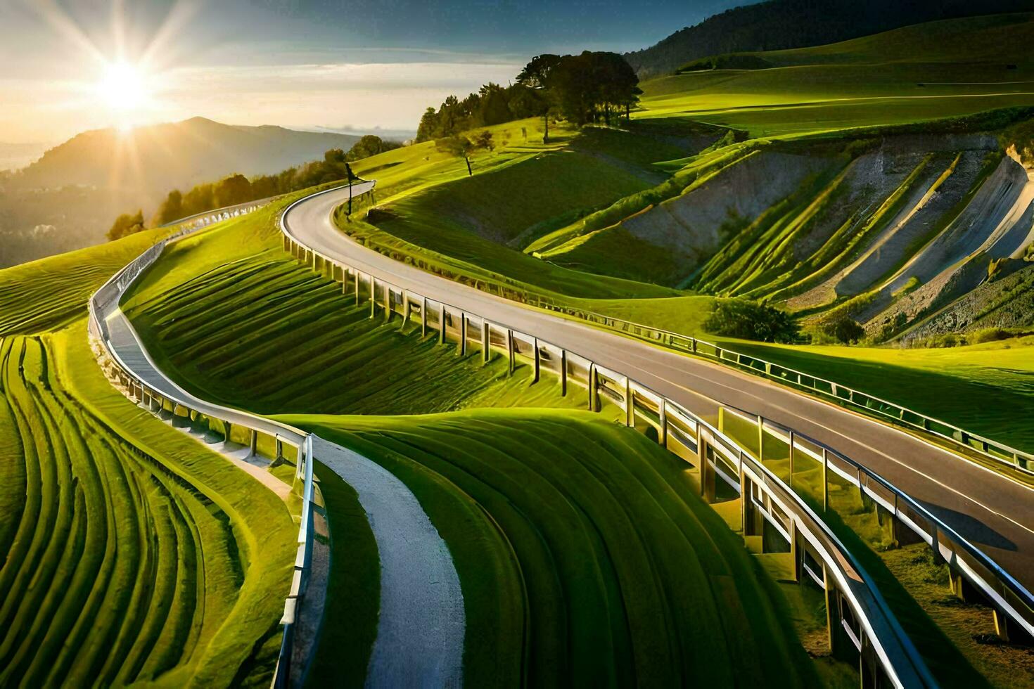 un devanado la carretera en el montañas. generado por ai foto