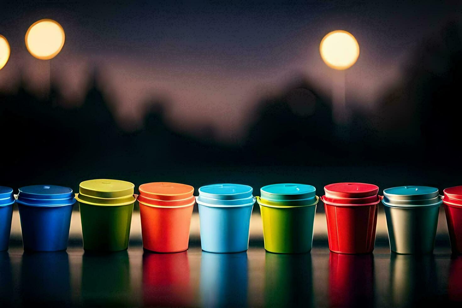 colorful cups lined up on a table with lights in the background. AI-Generated photo