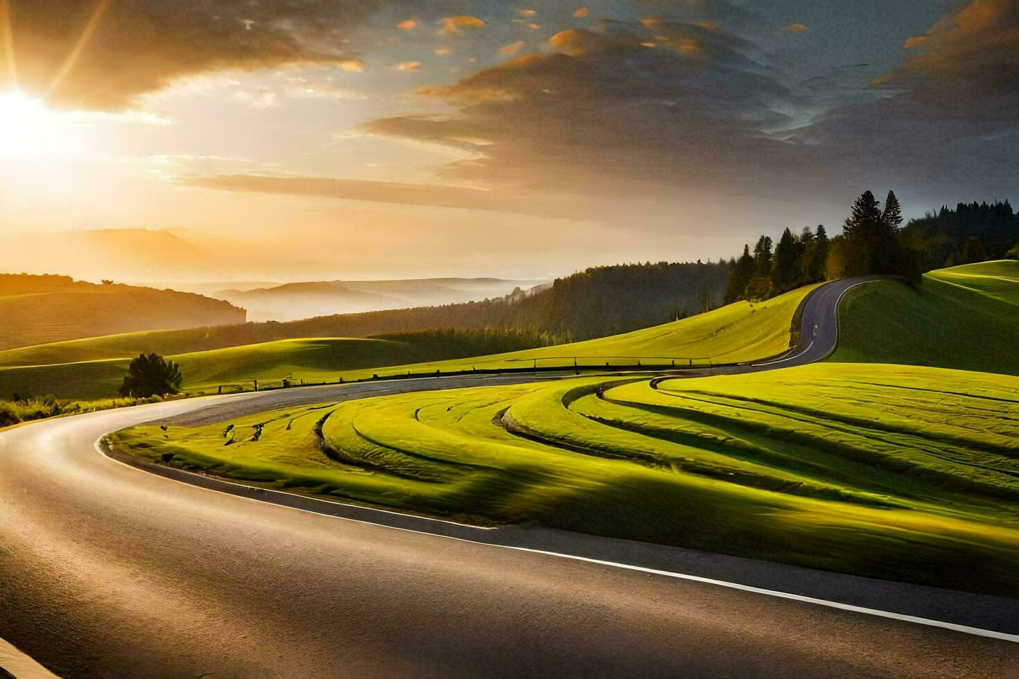 a winding road in the mountains with the sun setting. AI-Generated photo