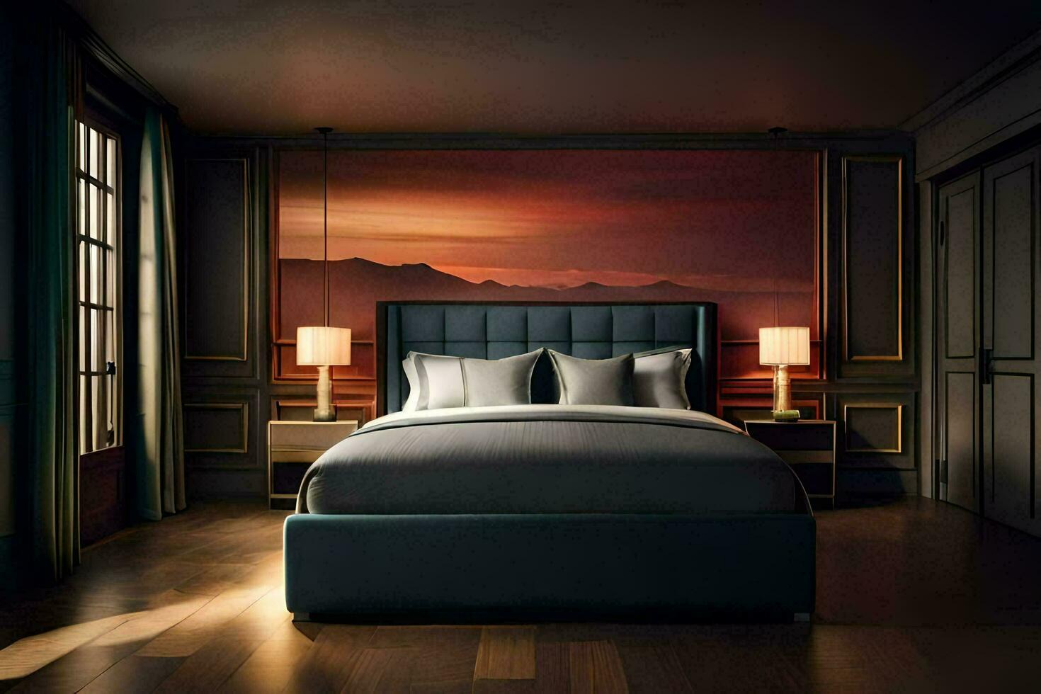 a bedroom with a large bed and a wall mural. AI-Generated photo