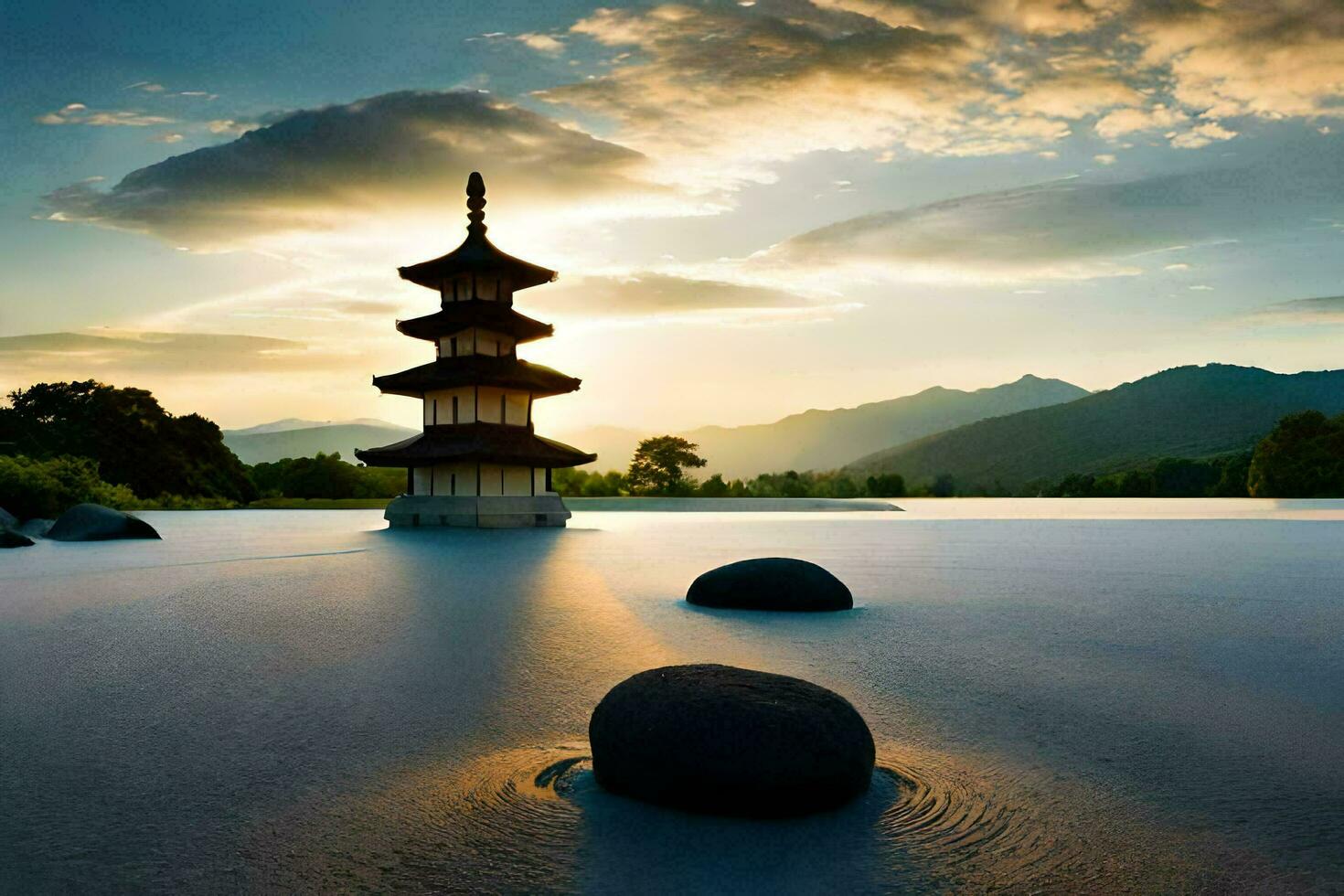 the pagoda in the middle of the lake. AI-Generated photo