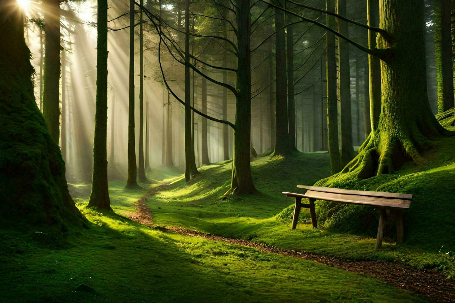 a bench sits in the middle of a green forest. AI-Generated photo
