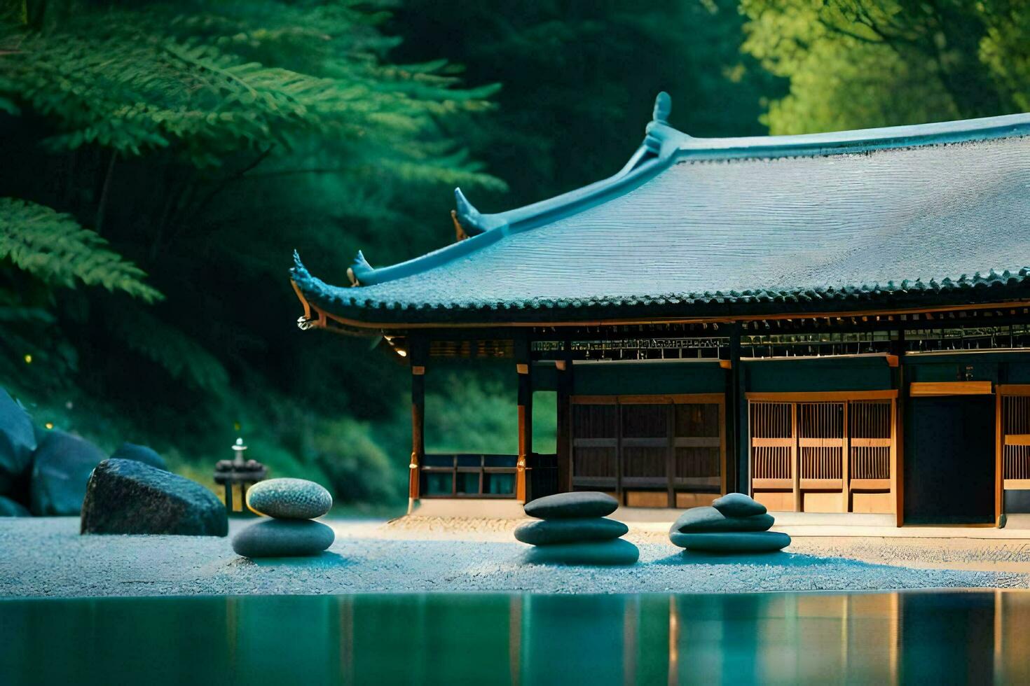 un japonés pagoda sentado en el borde de un lago. generado por ai foto
