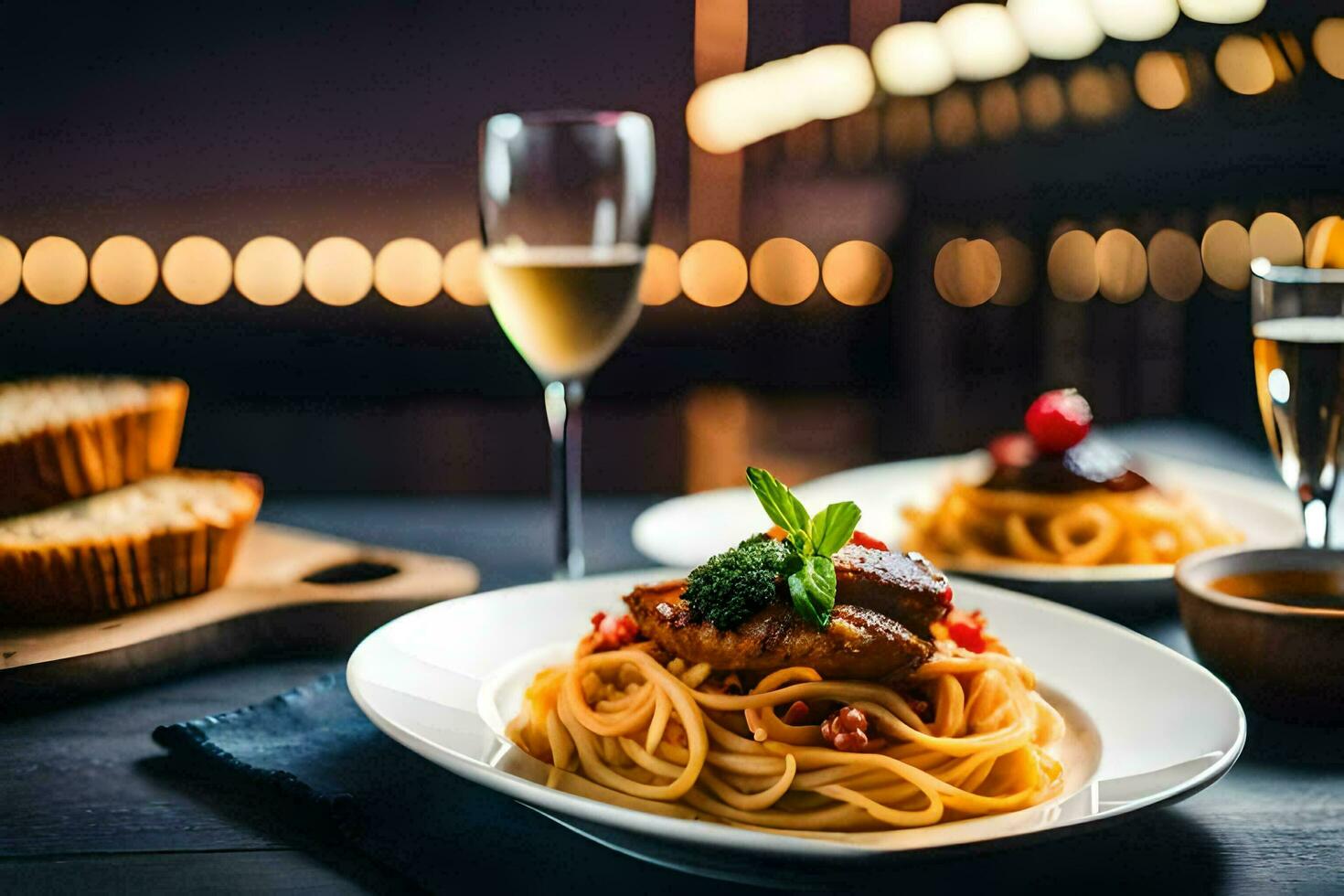 spaghetti and meatballs on a plate with a glass of wine. AI-Generated photo