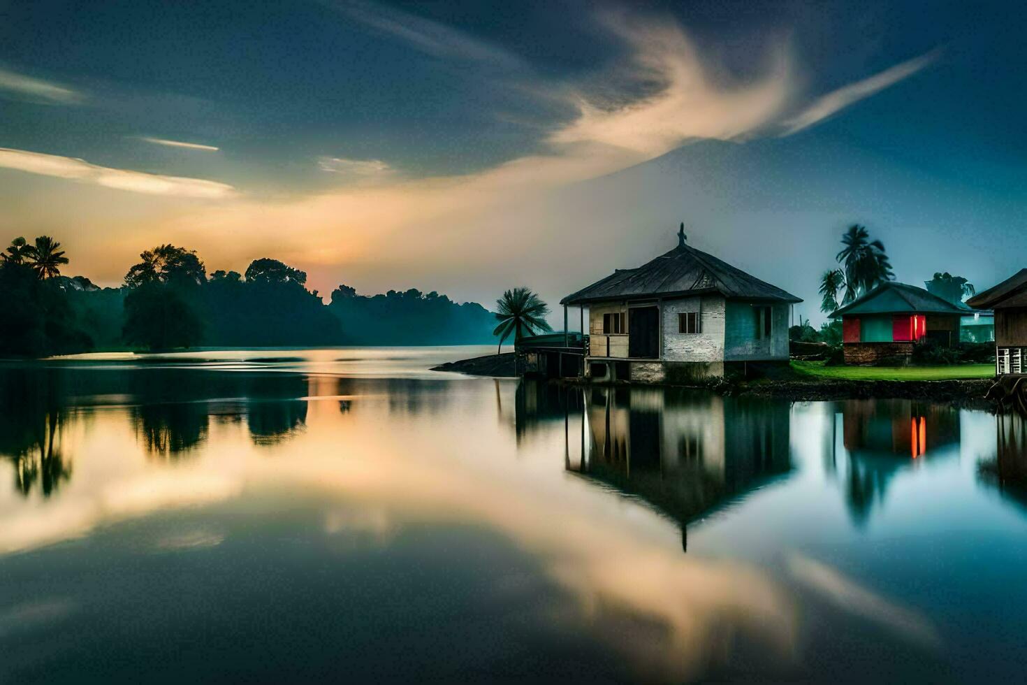 a lake with two houses on the shore. AI-Generated photo