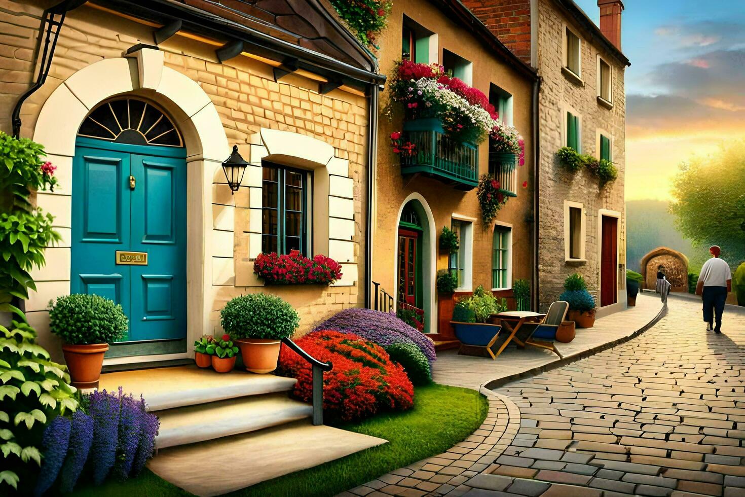 un calle con un azul puerta y flores generado por ai foto