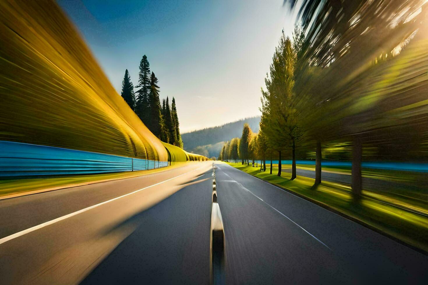 a blurry image of a road with trees and grass. AI-Generated photo