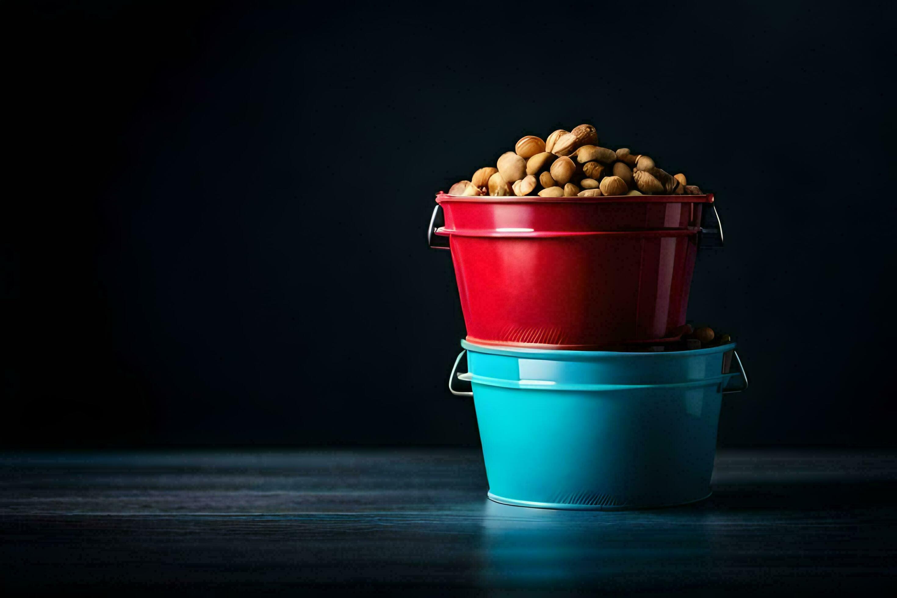two buckets of nuts on a dark table. AIGenerated 34270836 Stock Photo