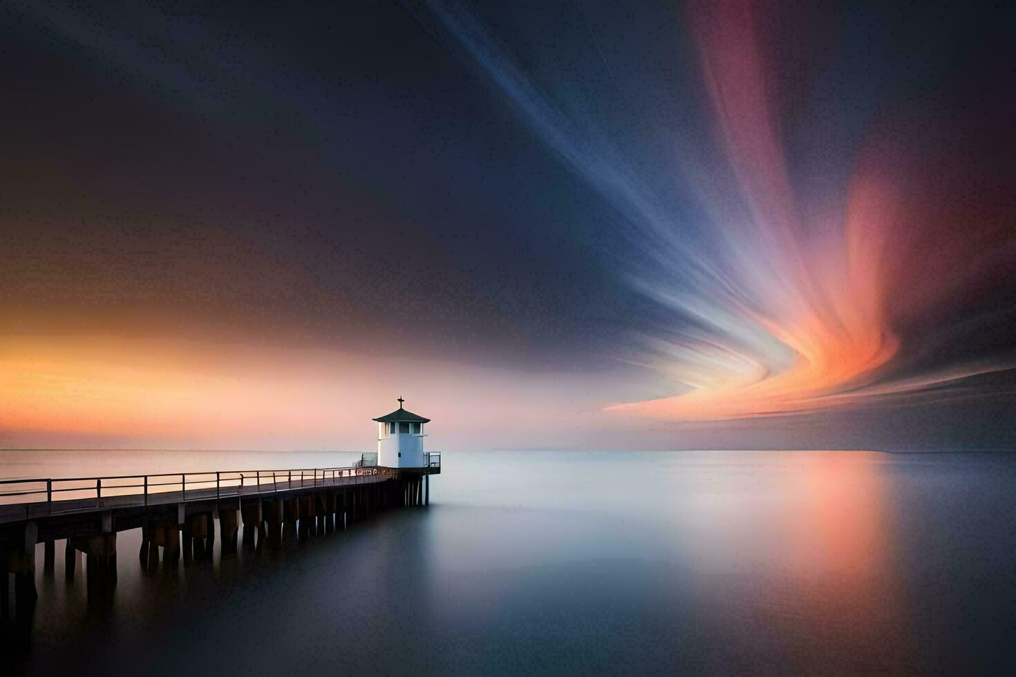 a lighthouse stands on a pier at sunset. AI-Generated photo