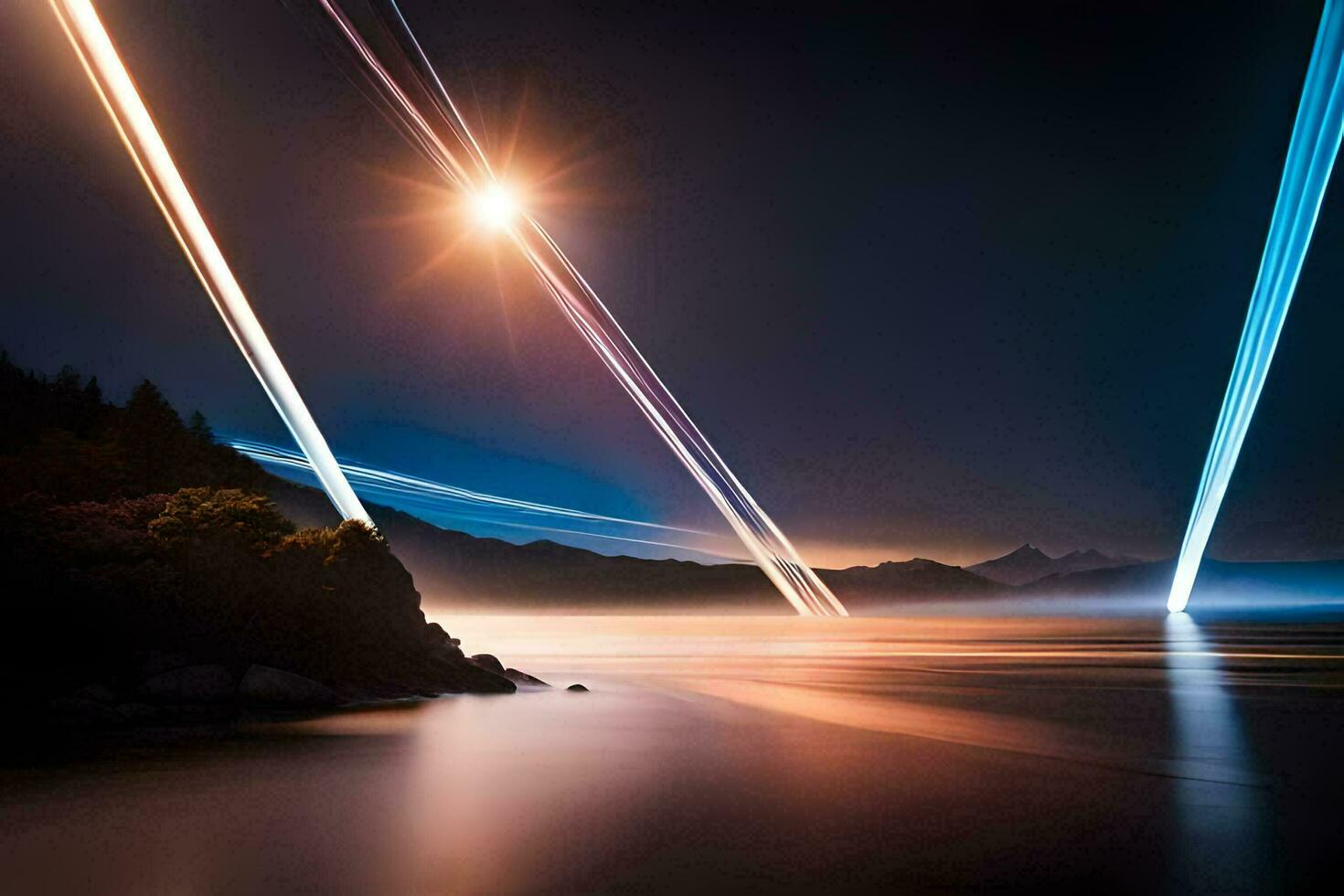 the light trails of a plane flying over the water. AI-Generated photo