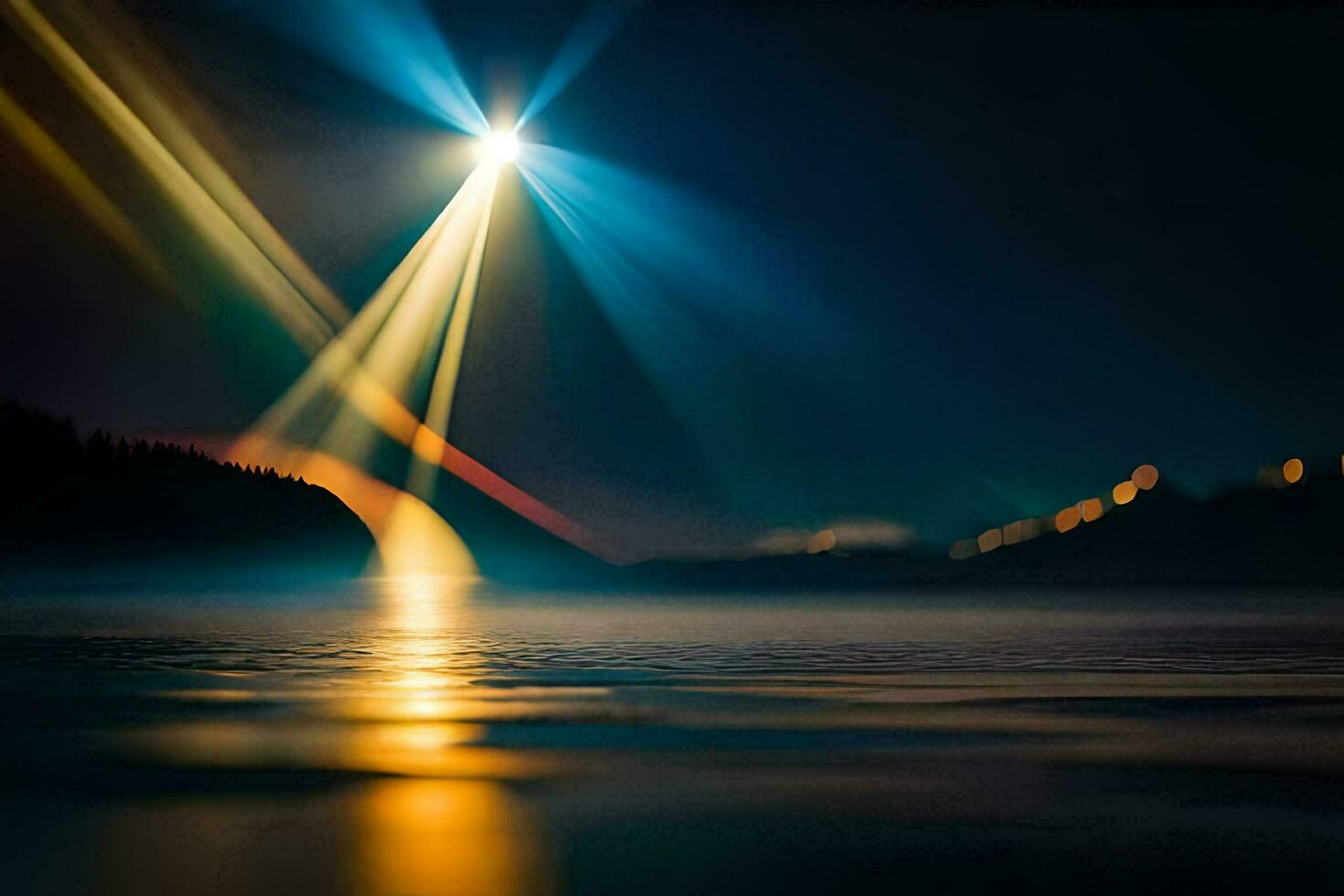 a bright light shining over the water. AI-Generated photo