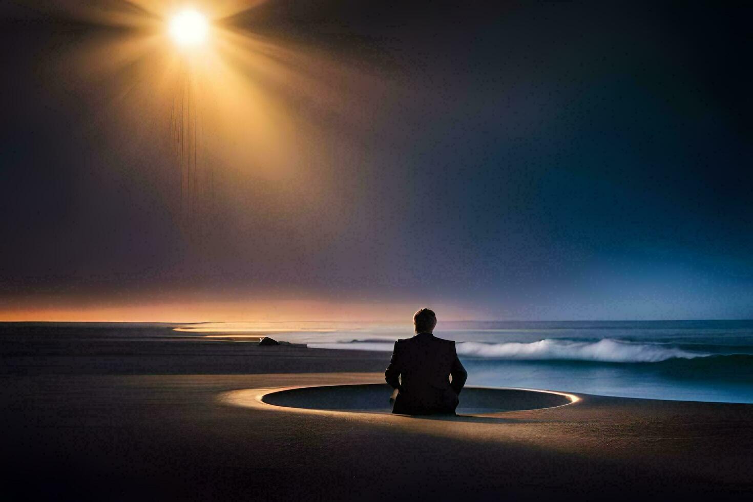 un hombre se sienta en meditación en el playa a noche. generado por ai foto