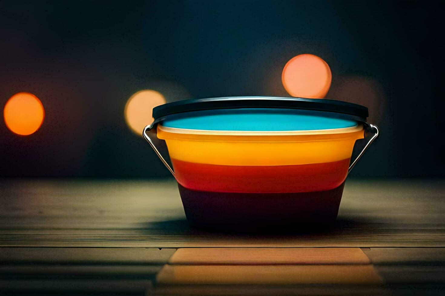 a colorful bucket sitting on a wooden table. AI-Generated photo