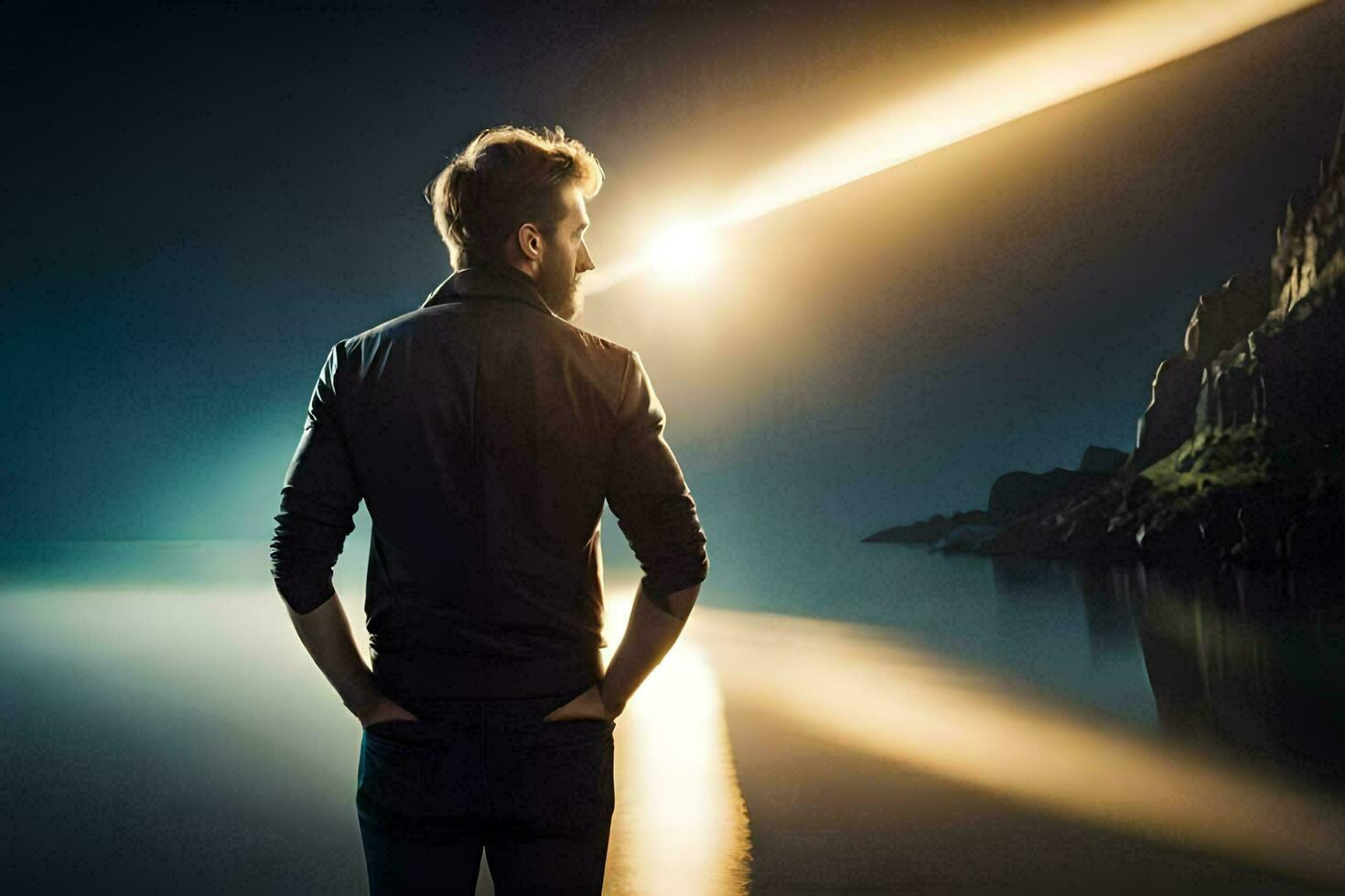 a man standing in front of a lake at night. AI-Generated photo