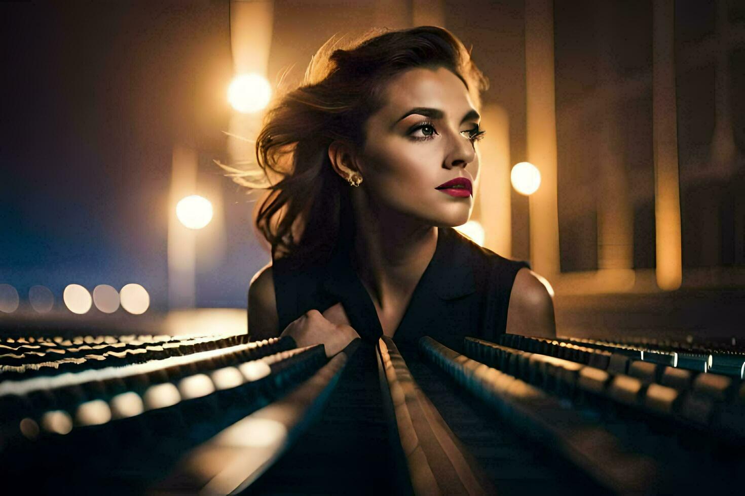 a woman is sitting on a train track at night. AI-Generated photo