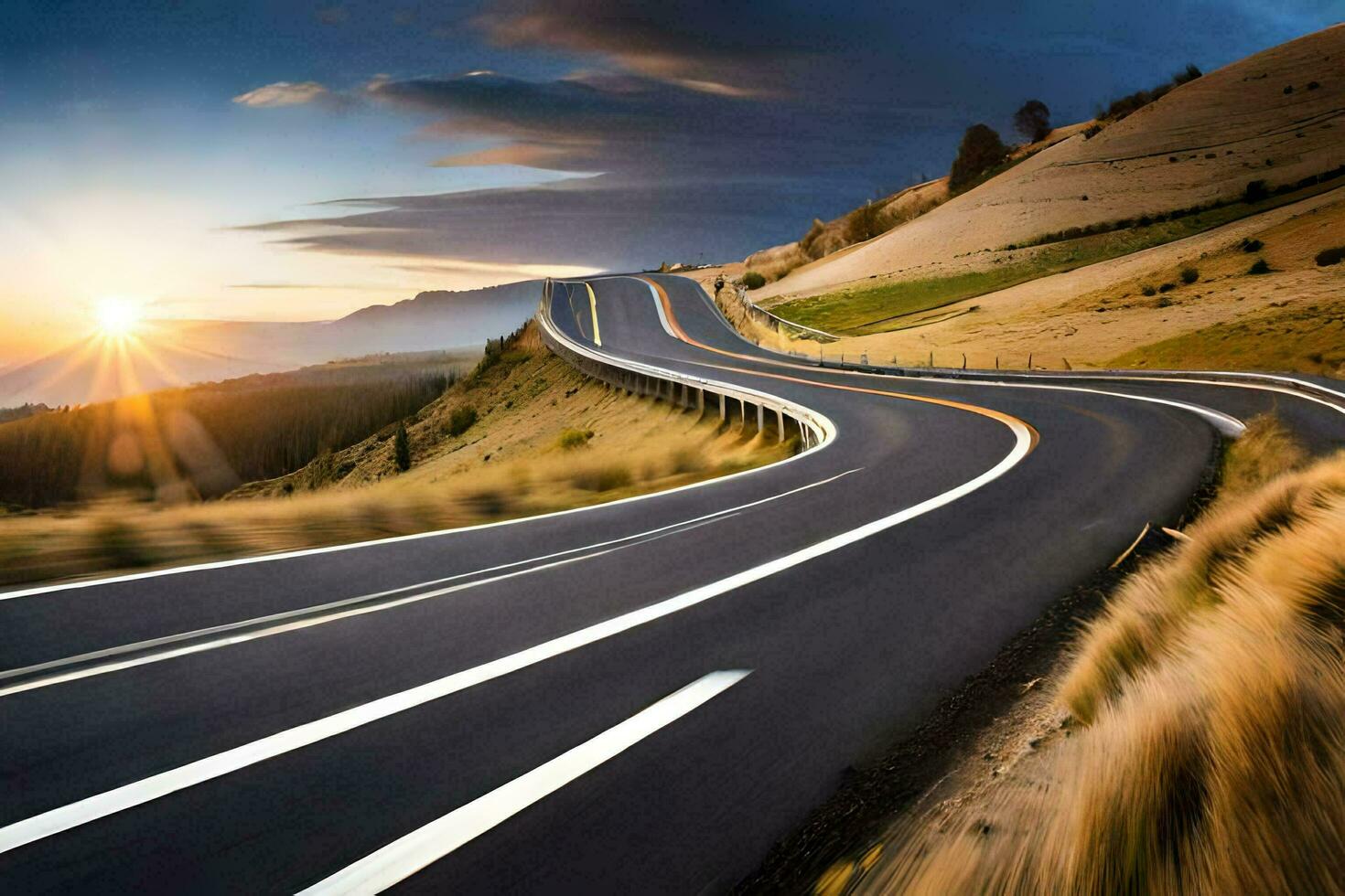 un devanado la carretera en el montañas a puesta de sol. generado por ai foto