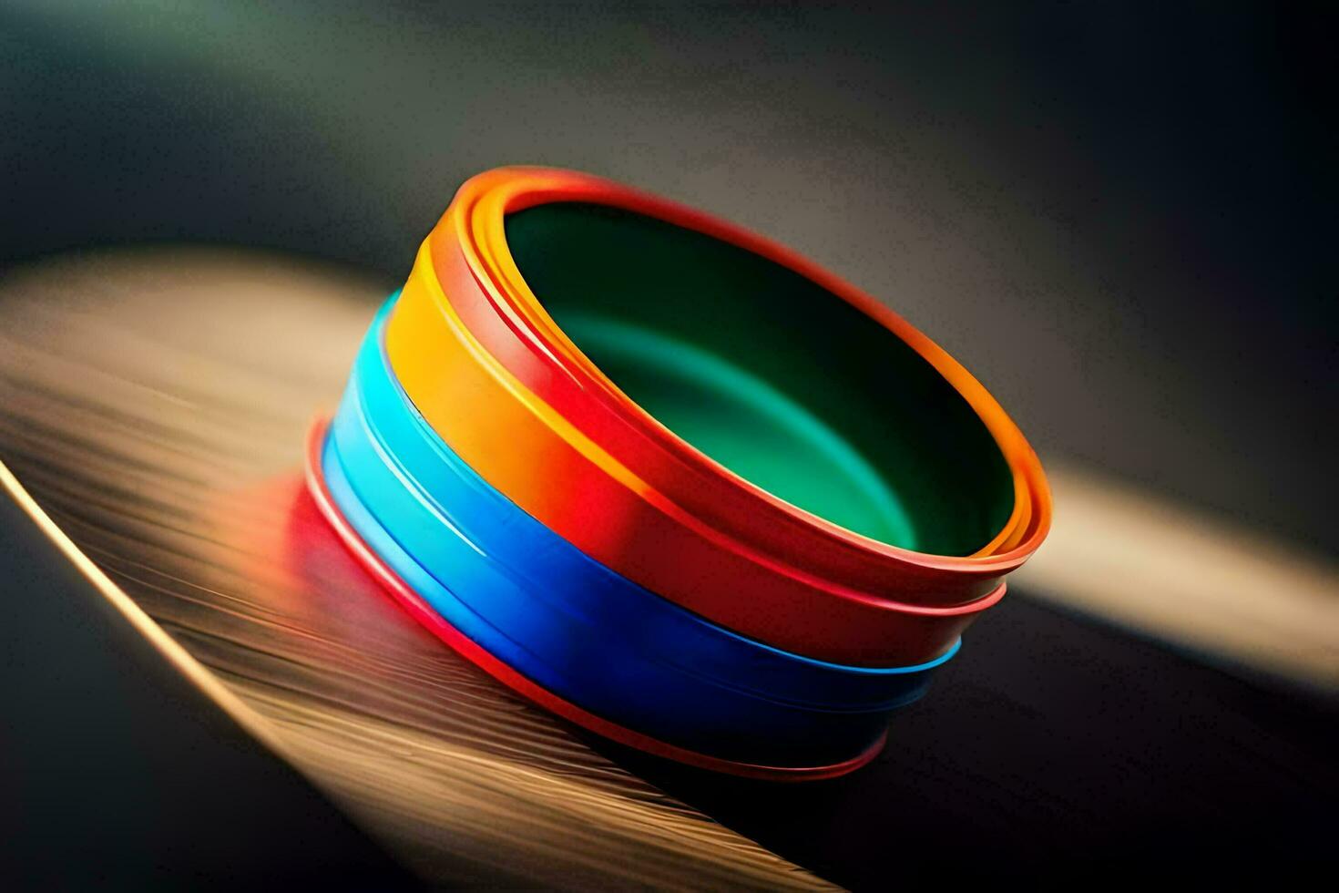 a colorful ring sits on top of a wooden surface. AI-Generated photo
